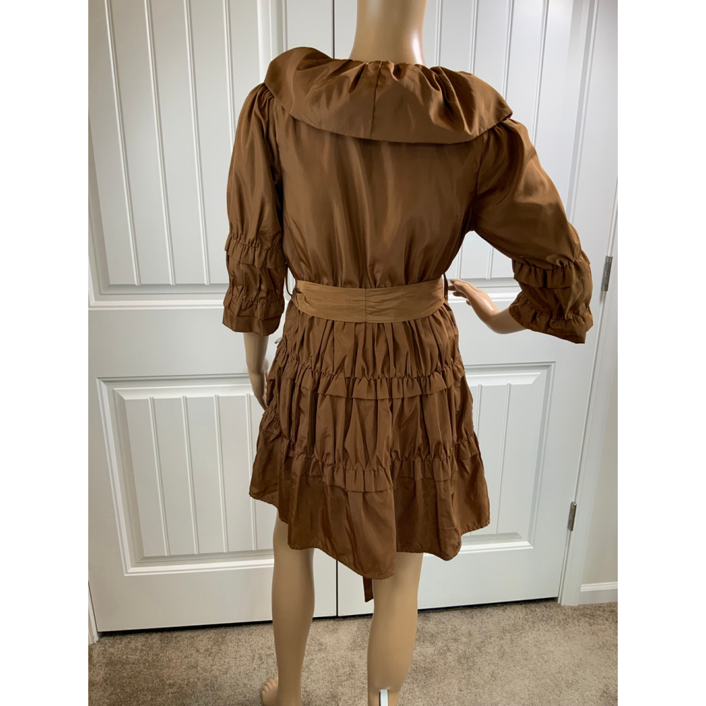 Ryu Women's Ruffled Mini Tiered Dress Size Small Brown 3/4 Sleeves Belted V-Neck - Picture 10 of 15